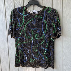 VTG Scala Silk Beaded Sequin Top Marti Gras Holiday Glam LG